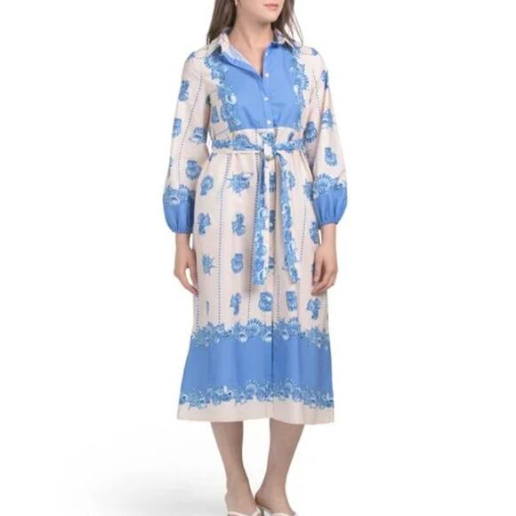 Celina Moon Long Sleeve Bell Print Midi Dress Sky Blue Size Large - Picture 1 of 13